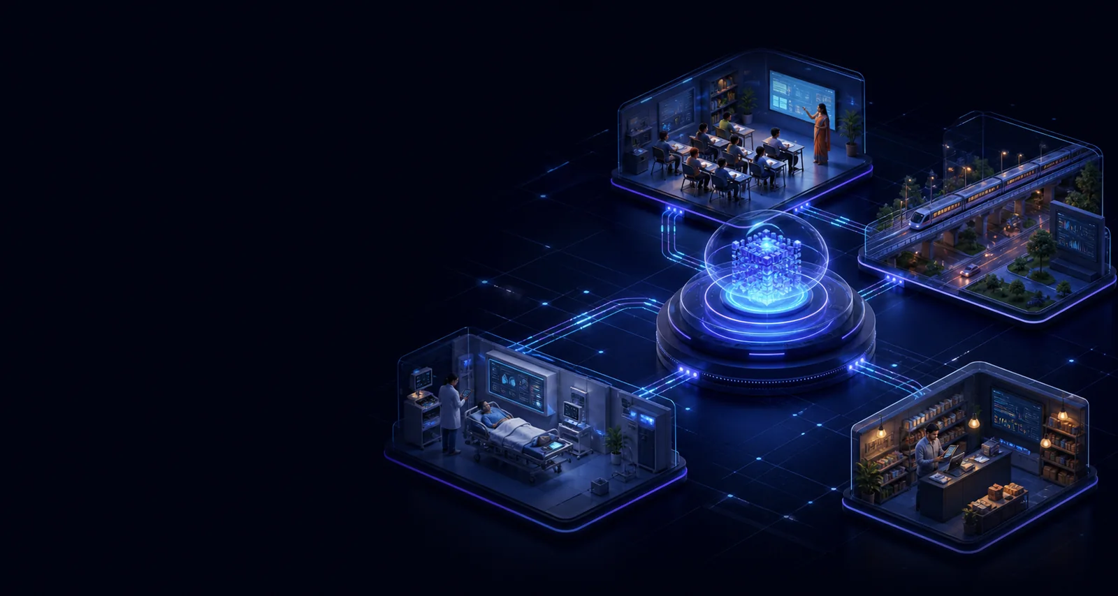 Connected AI systems supporting a classroom, public transport, healthcare, and a small business
